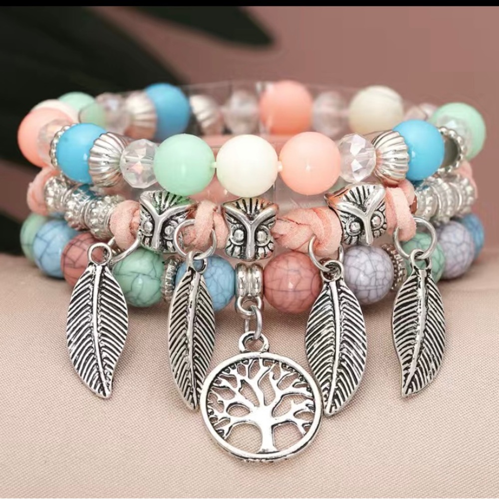 Boho 3 piece bracelet. Pink and blue.